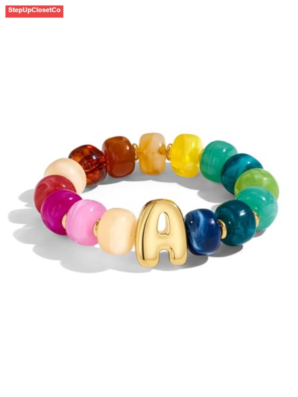 Rainbow Chunky Beaded Stretch Bracelet with Initial Charm, Stackable Acrylic